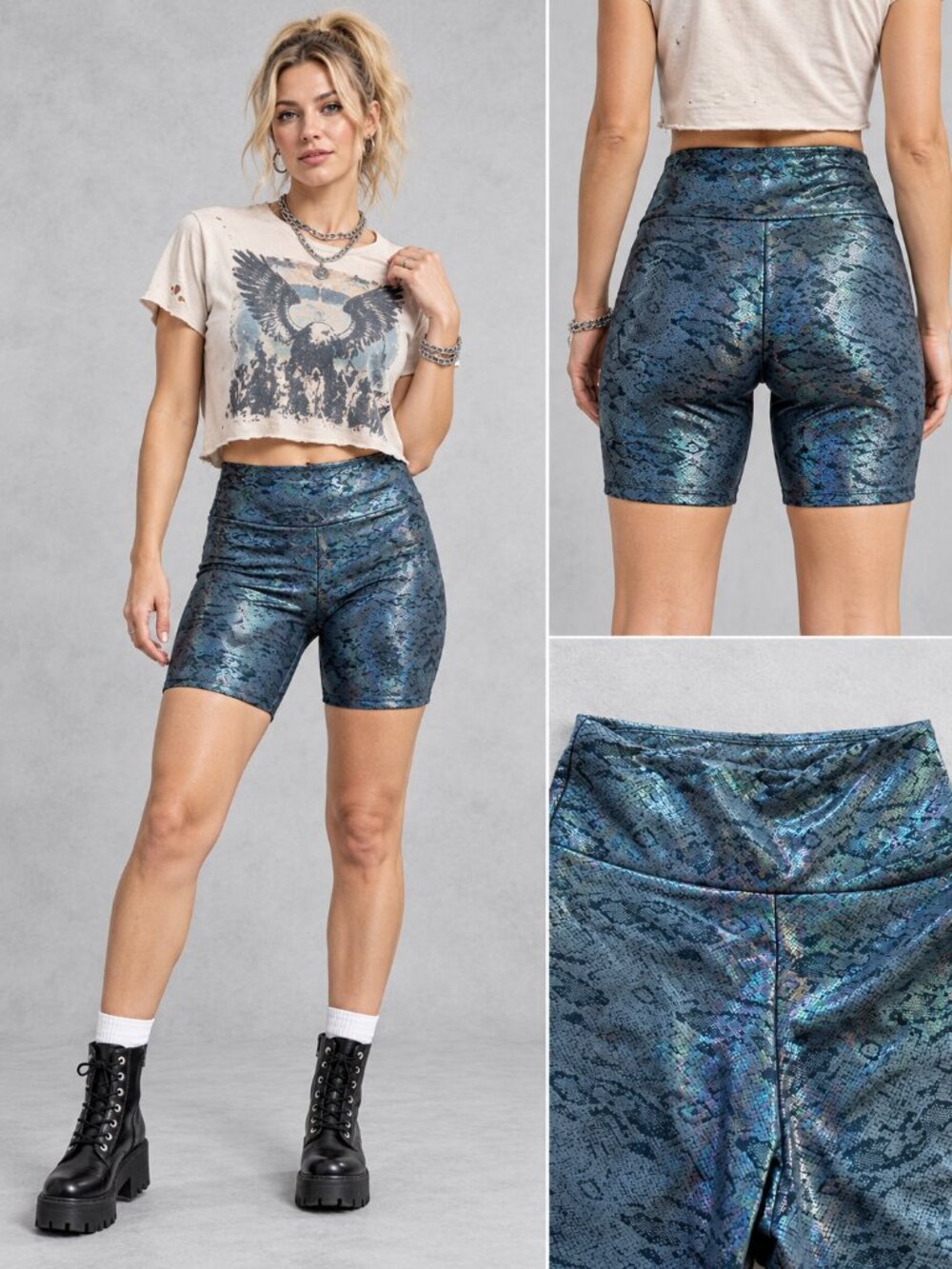 SpiritHoods Blue Black Iridescent Snake Print High Rise Stretch Bike Shorts S